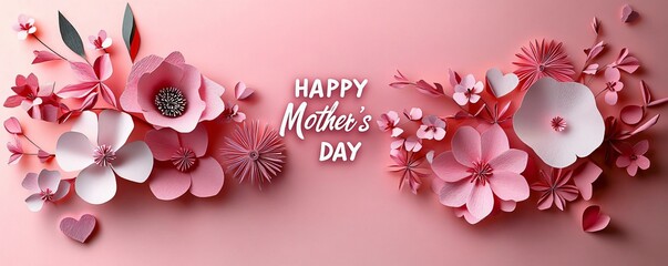 Fototapeta premium Delicate layered paper flowers in soft pinks and whites create a romantic backdrop for Mother's Day celebrations, ideal for greeting cards or event invites.