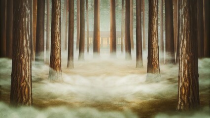 Naklejka premium A mystical forest scene with tall trees shrouded in fog, creating an ethereal atmosphere that invites exploration and wonder.