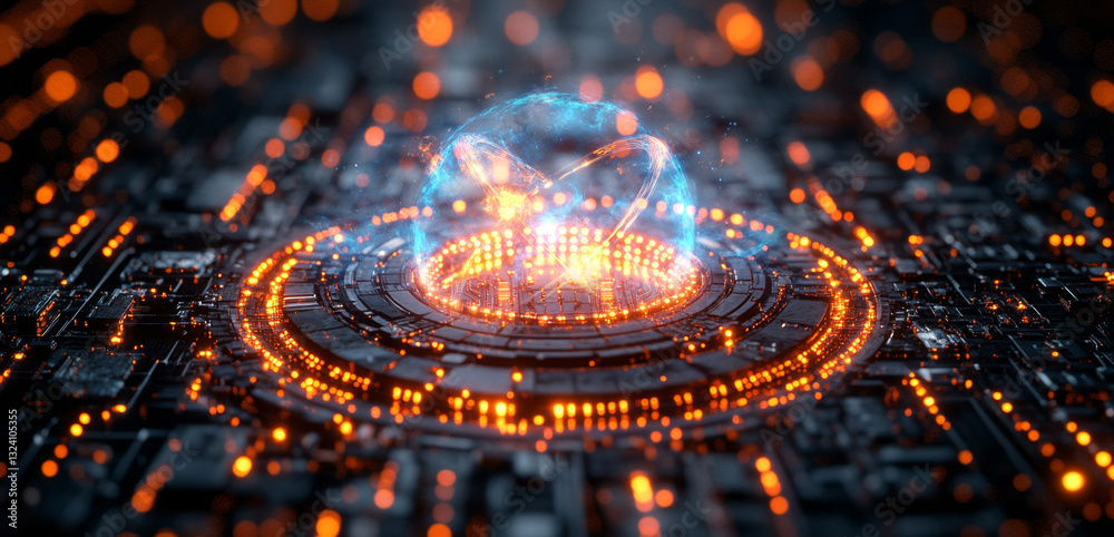 Poster An intricate network of glowing particles illustrates quantum computing principles such as superposition and entanglement.