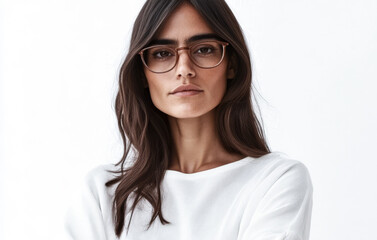 Obraz premium Stylish woman with glasses poses confidently in minimalist setting