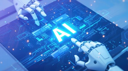 Creative illustration featuring technology, the Internet, AI, and robots, showcasing a futuristic digital world. Concept of innovation, automation, and smart technology in a modern society