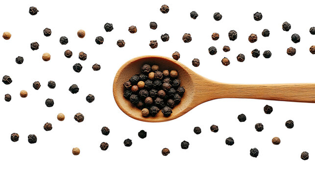 Png of A wooden spoon filled with black pepper, surrounded by scattered peppercorns on transparent background. - Powered by Adobe