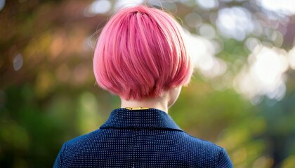 ピンク色のヘアカラー、美しいボブヘアの後ろ姿のモデル