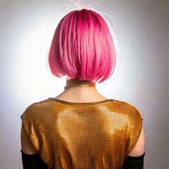 ピンク色のヘアカラー、美しいボブヘアの後ろ姿のモデル