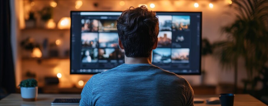 a man sitting in front of a computer monitor editing pictures.