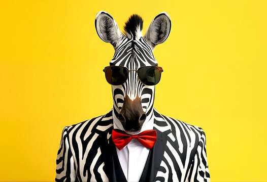 A zebra wearing sunglasses and a suit against a yellow background.