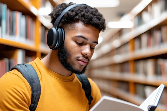 A young man, immersed in a book at a library, wears headphones, embodying focus and creativity, capturing the essence of knowledge and learning in a serene environment. - Powered by Adobe