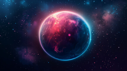 Fototapeta premium Cyberpunk Planet Glowing Earth in Neon Space, Stellar Background