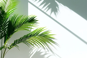 Naklejka premium Green Leaves and Shadows on a White Wall