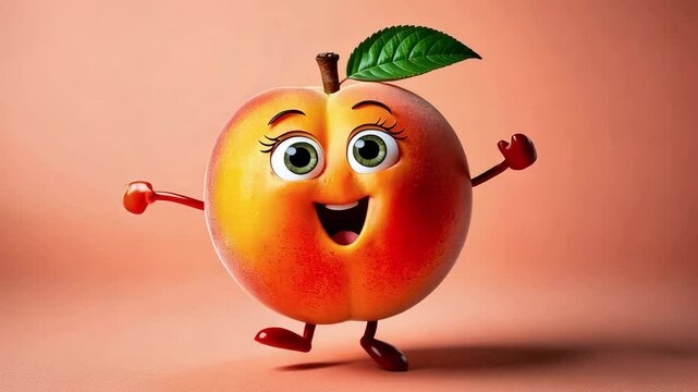 Cartoon style peach dancing on orange background. Organic food. Healthy food.