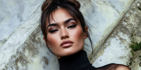 Elegant model posing against an artistic rock background in a modern fashion setting