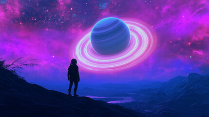 Fototapeta premium Astronaut Views Ringed Planet, Purple Nebula, Alien Landscape