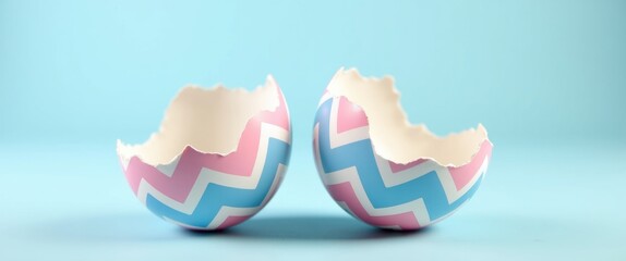 Fototapeta premium Cracked and open pink and blue Easter egg in two halves. Empty copy space for text or product.