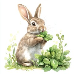 Obraz premium Watercolor cute bunny on fresh greenery meadow, 