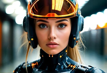 A futuristic woman with striking green eyes and long blonde hair stands confidently in front of a blurred background, wearing a sleek black and orange jumpsuit that accentuates her athletic physique.