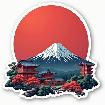 Vivid Japanese Landscape Sticker: Traditional Wooden Houses Amidst Cherry Blossoms and Mt. Fuji, Illustrated in a Vibrant, Colorful Style