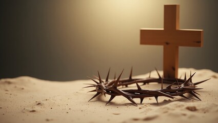 Passion Of Jesus Christ. Wooden cross and crown of thorns on sand, design for a banner.