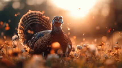 Obraz premium Turkeys pose confidently in a floral landscape, glowing warmly in the beautiful sunlight of sunset, merging wildlife with natural beauty for splendid visual delight.