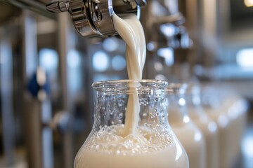 A close-up view of fresh milk being poured from a dispenser into a glass bottle, highlighting the creamy texture and frothy appearance of the milk in a clean environment.