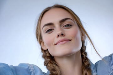 Fototapeta premium Beautiful woman with braids smiling confidently in a soft light setting