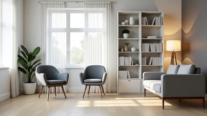 Psychologist's office featuring comfortable chairs, a sofa, and shelves filled with books.