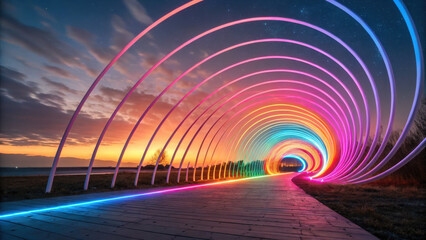 Vibrant rainbow light tunnel with scenic sunset backdrop