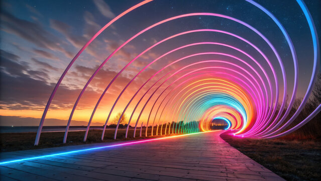 Vibrant rainbow light tunnel with scenic sunset backdrop