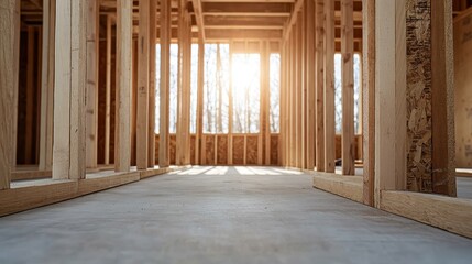 This image features natural light streaming through framed wood walls in a construction site, creating a serene interplay of light and structure.