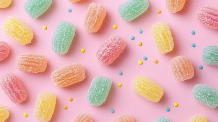 Colorful Candies And Sprinkles Patterned Over Pink Background