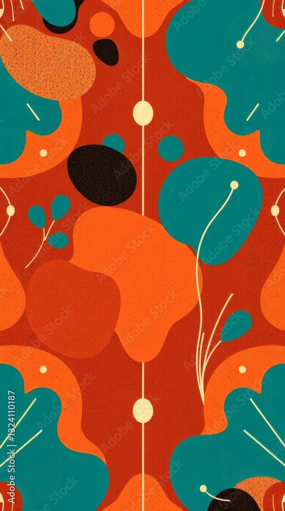 Aufkleber A seamless pattern with abstract botanical motifs and a vertical design, featuring orange, teal, and red color palette.