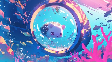A cute hedgehog exploring underwater through a colorful coral reef.