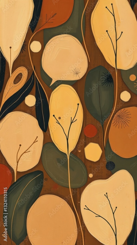Poster abstract illustration of stylized leaves with varied colors and shapes arranged over a dark backdrop