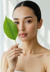 Fresh Skincare Concept with Beautiful Woman and Greenery
