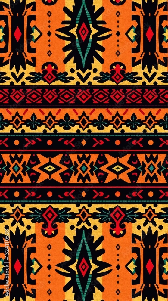Poster intricate and colorful tribal pattern textile design. the pattern is repeated, and rich with symboli