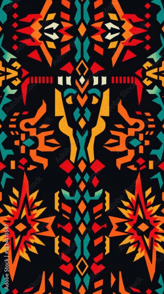 Poster a stunning tribal pattern with bold colors and intricate details. it has a unique and eye-catching d