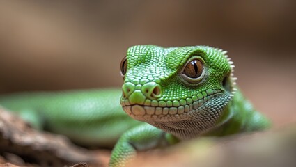 Fototapeta premium Picture depicts a slim, scaly lizard in its greenish natural environment.