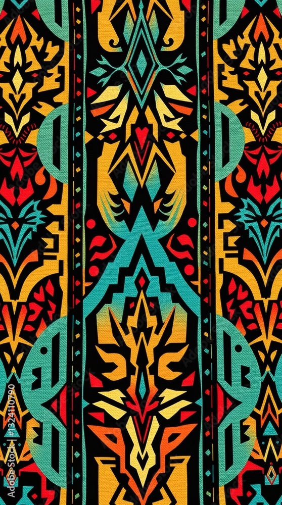 Poster a vertical pattern design, incorporating a mix of vibrant colors and intricate geometric motifs, wit