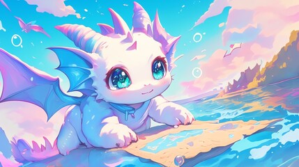 A cute dragon creature enjoying a serene beach scene under a vibrant sky.