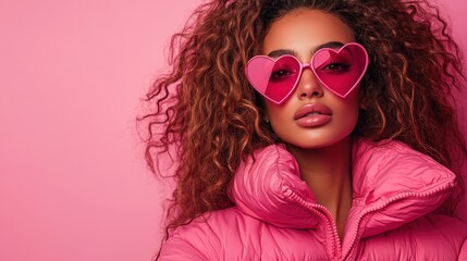 This striking image features a model with voluminous curls and chic heart-shaped sunglasses, combining elegance with playful details against a vibrant pink background full of life.
