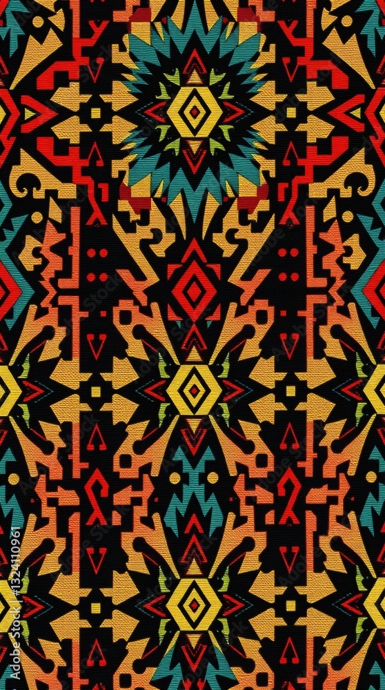 Poster an eye-catching and vibrant patterned design with repeating geometric elements. The pattern incorporates a variety of colors including, orange, blue, and red