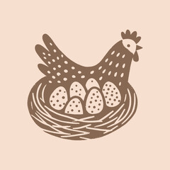 Minimalistic hand-drawn hen with nest and eggs in black and white	