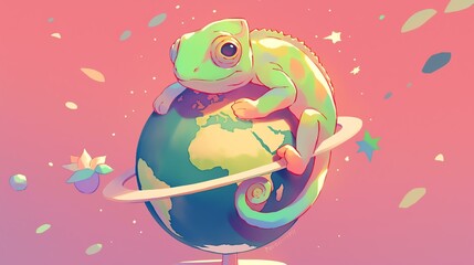 A whimsical chameleon sitting atop a colorful planet, surrounded by stars and flora.