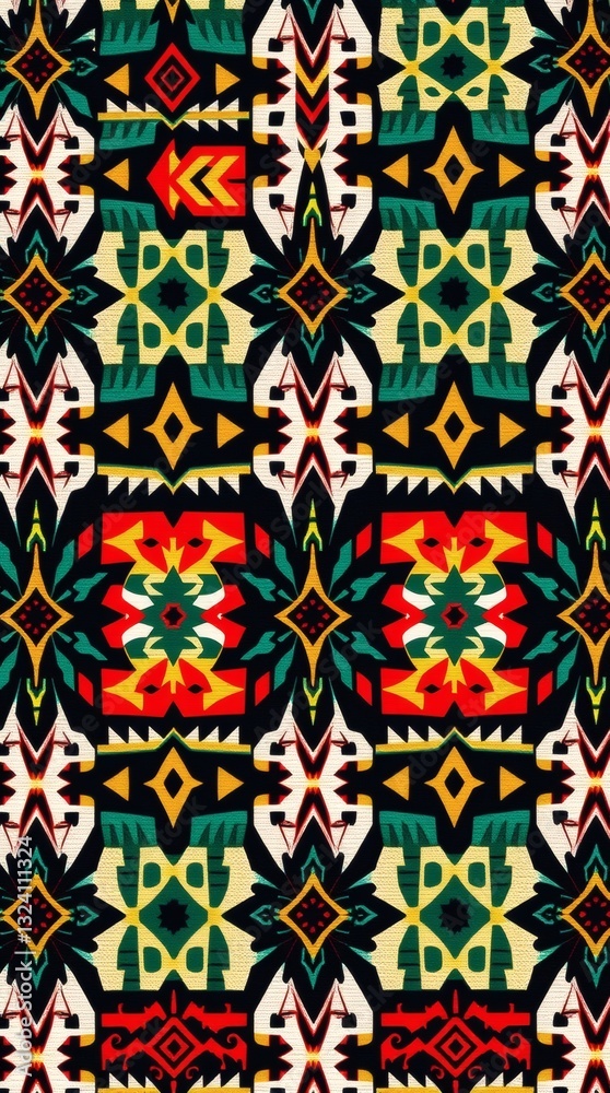 Poster a vibrant and intricate ethnic pattern with geometric and floral designs. The artwork features a rich array of colors and a symmetrical arrangement