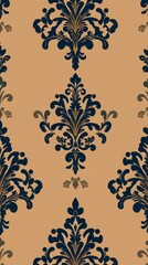 seamless damask pattern in shades of blue and gold, with elegant and ornate design. This classic wallpaper creates a rich and luxurious feel. 