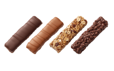 Chocolate, nuts and cereal bars falling on transparent background