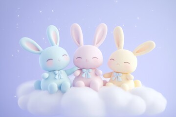 Three adorable pastel bunnies cuddling on a fluffy cloud, a sweet and dreamy scene.