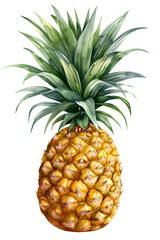 Fototapeta premium Detailed Watercolor Illustration of a Ripe Pineapple with Lush Green Leaves on a Black Background