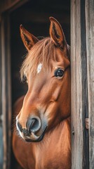 Obraz premium A Captivating Glimpse: A Brown Horse's Portrait in Rustic Ambiance, Revealing the Beauty of Equine Grace in Farm Country Elegance and Wild Beauty