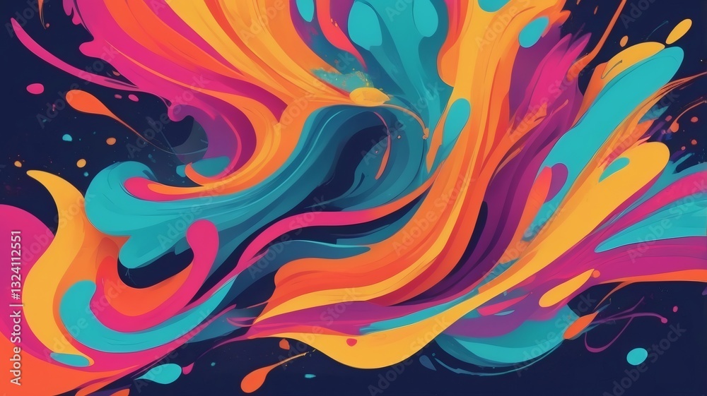 Poster colorful abstract art with vibrant splashes of paint forming dynamic shapes, suitable for artistic b