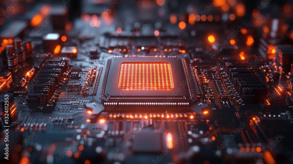 Poster A close-up view of a quantum processor showcases intricate pathways and glowing qubits arranged in superposition, representing cutting-edge technology.